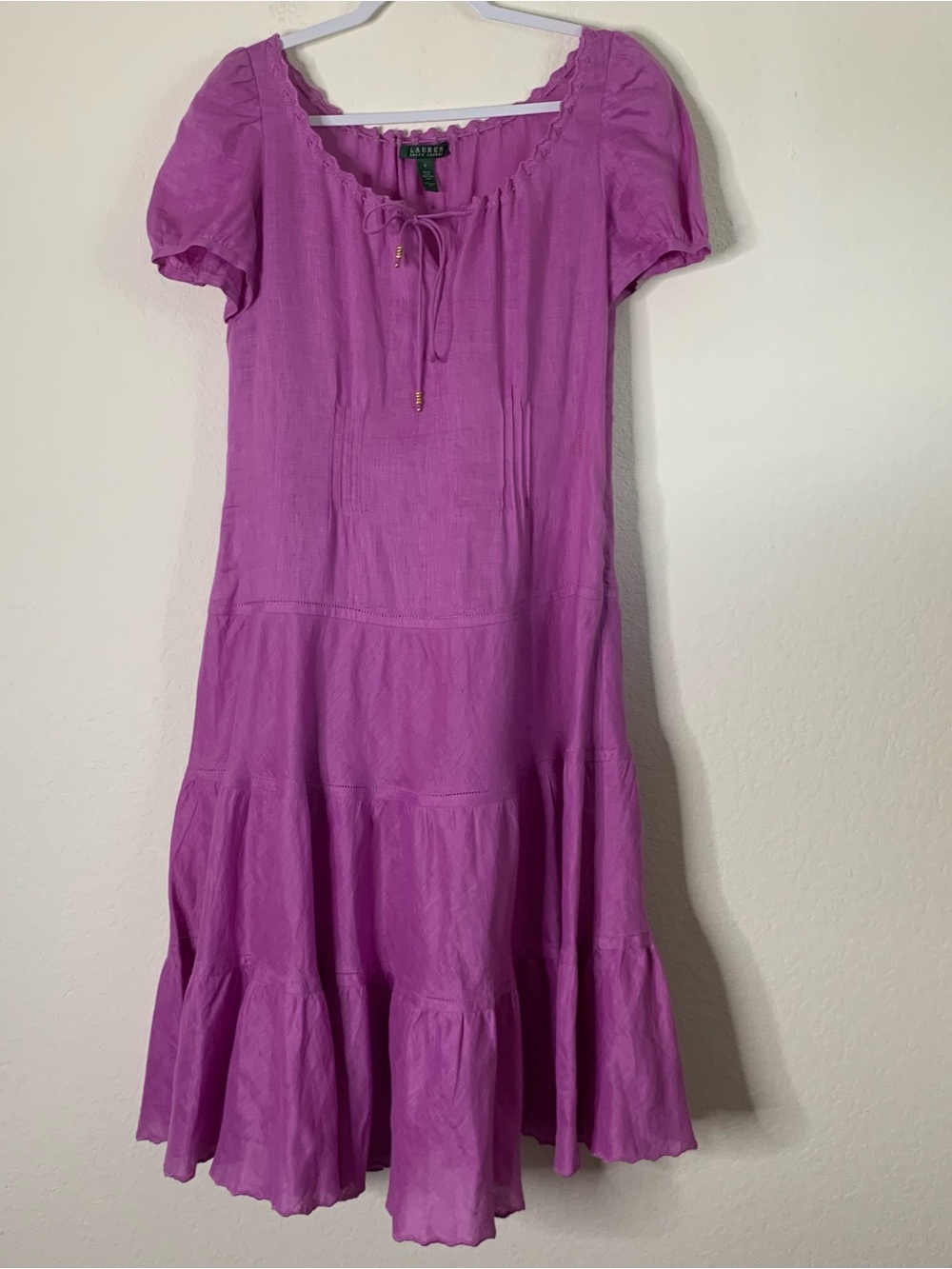 Lauren Ralph Lauren purple linen SS tie neck midi dress 8